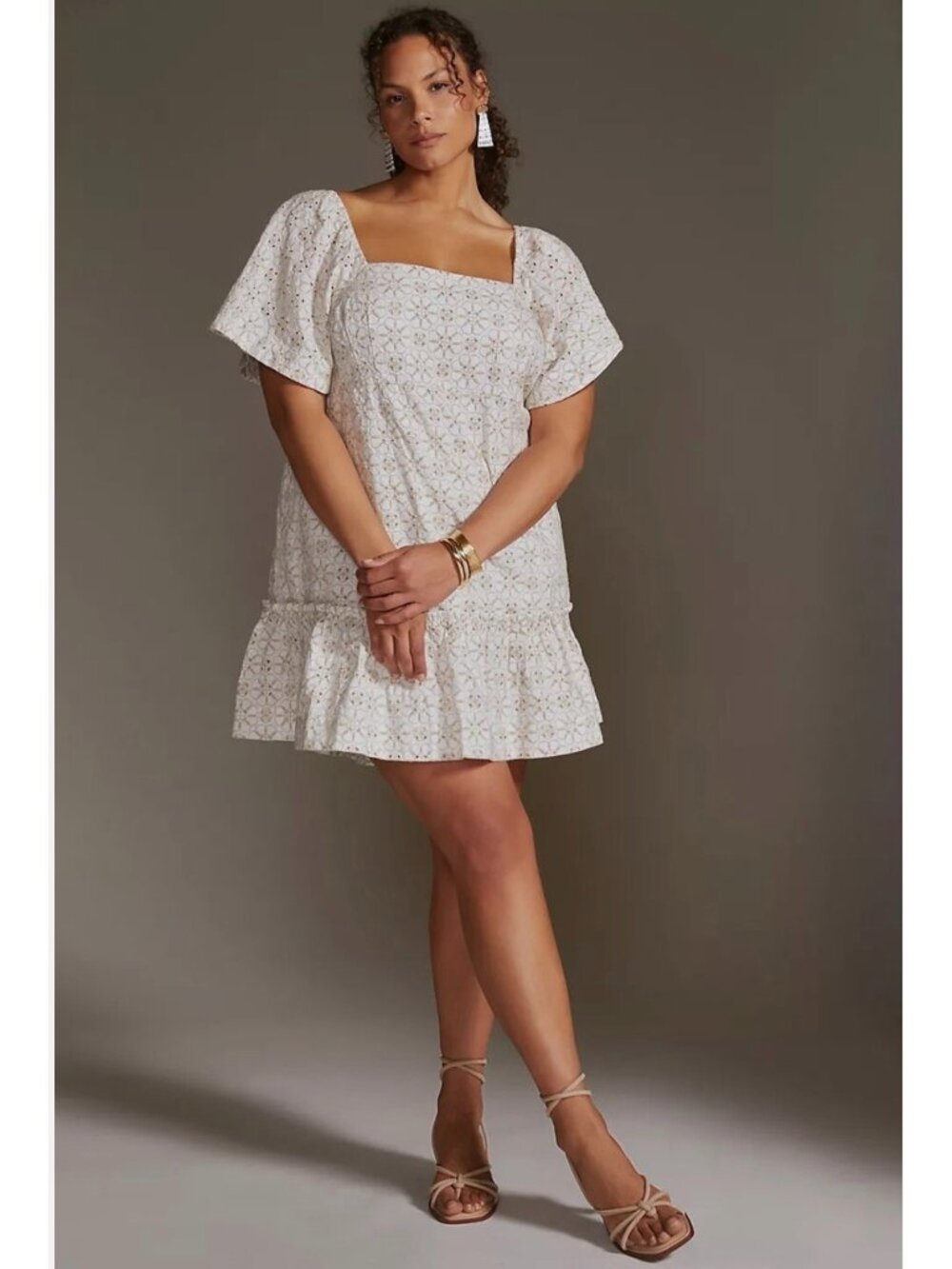 Maeve By Anthropologie Smocked Tunic Open Back Mini Dress In Cream & White Sz 1X - Picture 1 of 11
